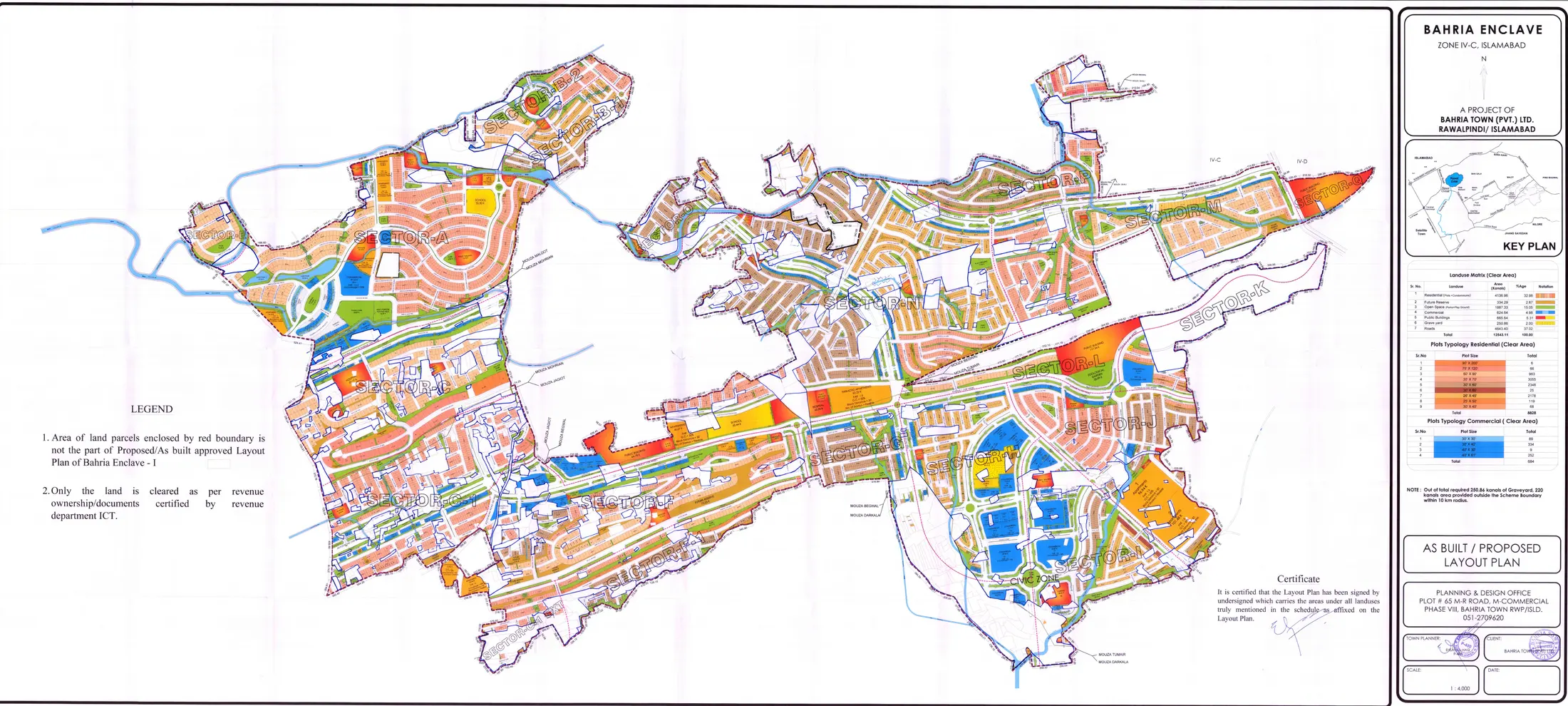 Bahria Enclave As-Built/Proposed Layout Plan — coloured areas are plotted sectors; white boundary-enclosed parcels are marked by the plan's legend as not part of the approved Layout Plan