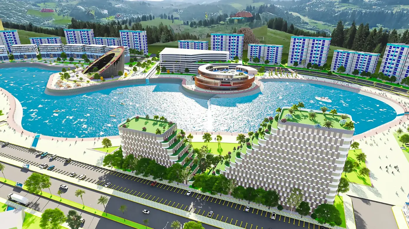 DHA Margalla Enclave Lake District concept render from the official portal — waterfront apartments and leisure buildings around an artificial lake (a marketing visualisation, not a photograph)