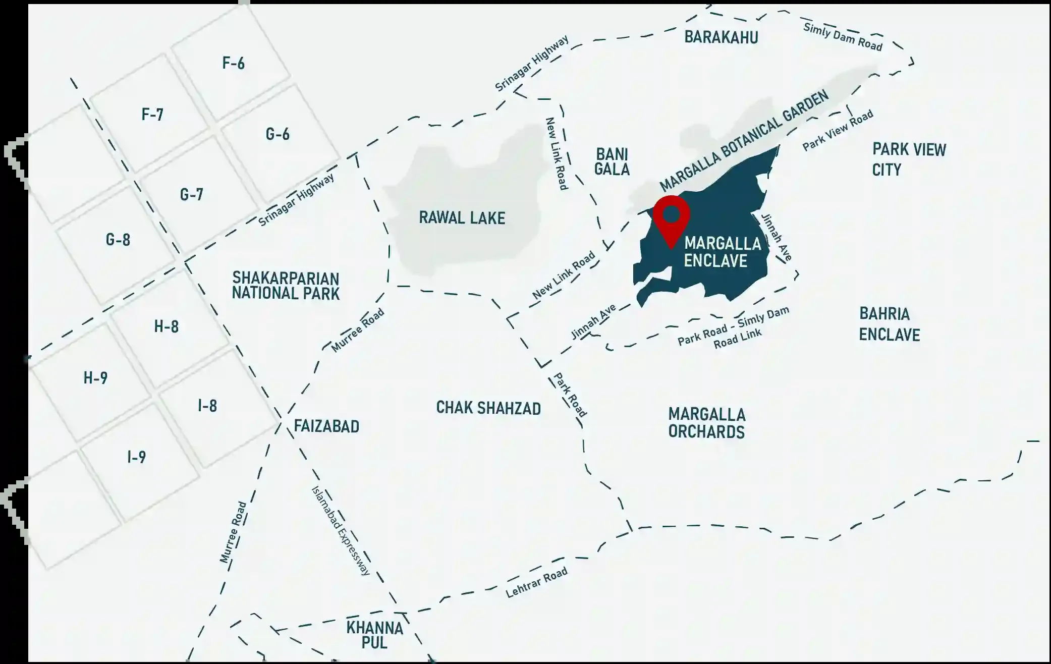 Official DHA location map of Margalla Enclave, Islamabad — between Bani Gala and Park View City on the Jinnah Avenue corridor, with Bahria Enclave and Margalla Orchards to the south and Rawal Lake to the west