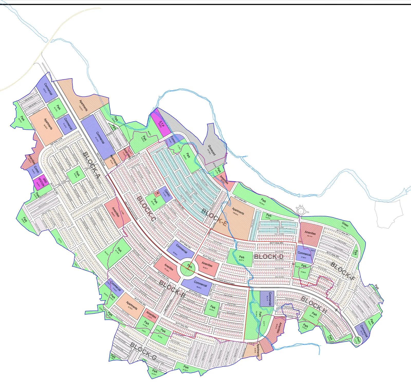 FGEHA and SCBA Housing Scheme, Mauza Tamma and Mohriyan — the approved Proposed Layout Plan showing blocks A to H, the 180 ft Main Boulevard, park, commercial, apartment, graveyard and sewage-treatment parcels
